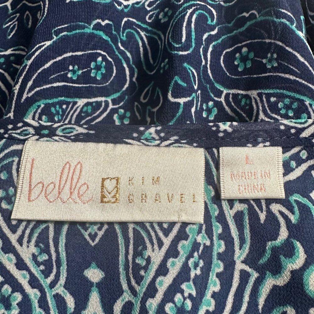 Belle Kim Gravel Navy & Teal Paisley Print V-Neck Sheer Blouse Top Womens L Boho - Picture 3 of 7